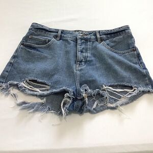 MEHLVILLE Blue Distressed Button Fly Denim Shorts
